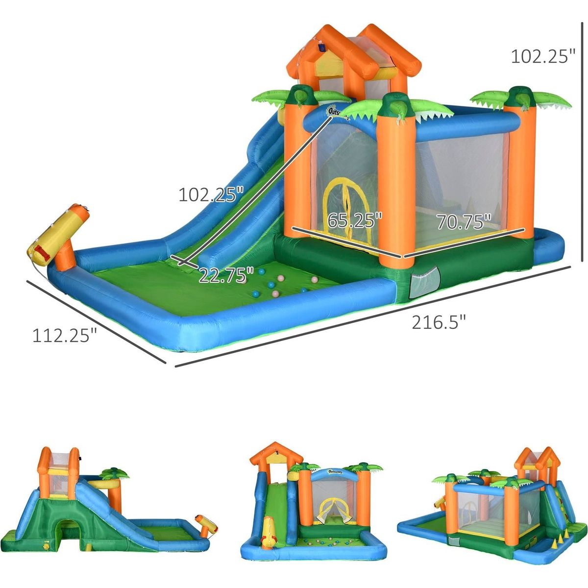 6-in-1 Tropical Inflatable Water Slide Summer Theme Jumping Castle Includes Floating Ball Slide Trampoline Pool Cannon Climbing Wall with Carry Bag, Repair Patches and 450W Air Blower