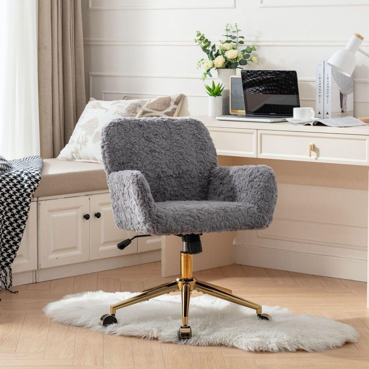 Office Chair,Artificial rabbit hair Home Office Chair with Golden Metal Base,Adjustable Desk Chair Swivel Office Chair,Vanity Chair(Gray)