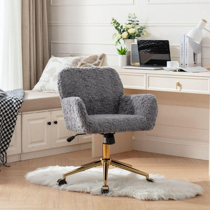 Office Chair,Artificial rabbit hair Home Office Chair with Golden Metal Base,Adjustable Desk Chair Swivel Office Chair,Vanity Chair(Gray)