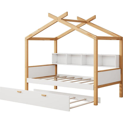 White Twin Size Wooden House Bed with Original Wood Colored Frame Twin Size Trundle and Bookshelf Storage Space for Children or Guest Room