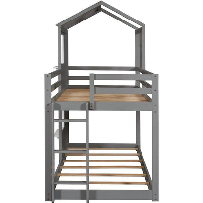 Twin Over Twin Bunk Bed Wood Bed with Roof, Window, Guardrail, Ladder (White)