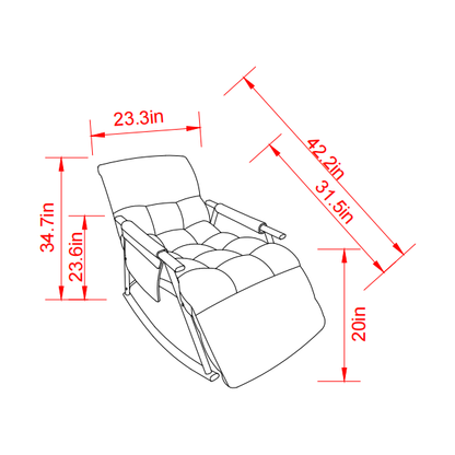 Casual folding rocking chair upholstered, lounge rocking chair adjustable high back and foot rest,side pockets placed in living room bedroom balcony