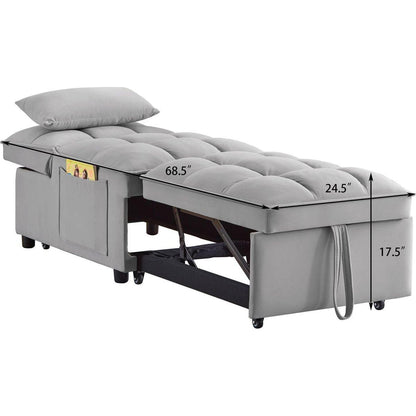 4 in1 Multi-Function Single Sofa Bed with Storage Pockets,Tufted Single Pull-out Sofa Bed with Adjustable Backrest and Pillows, Convertible Chaise Lounge,Gray