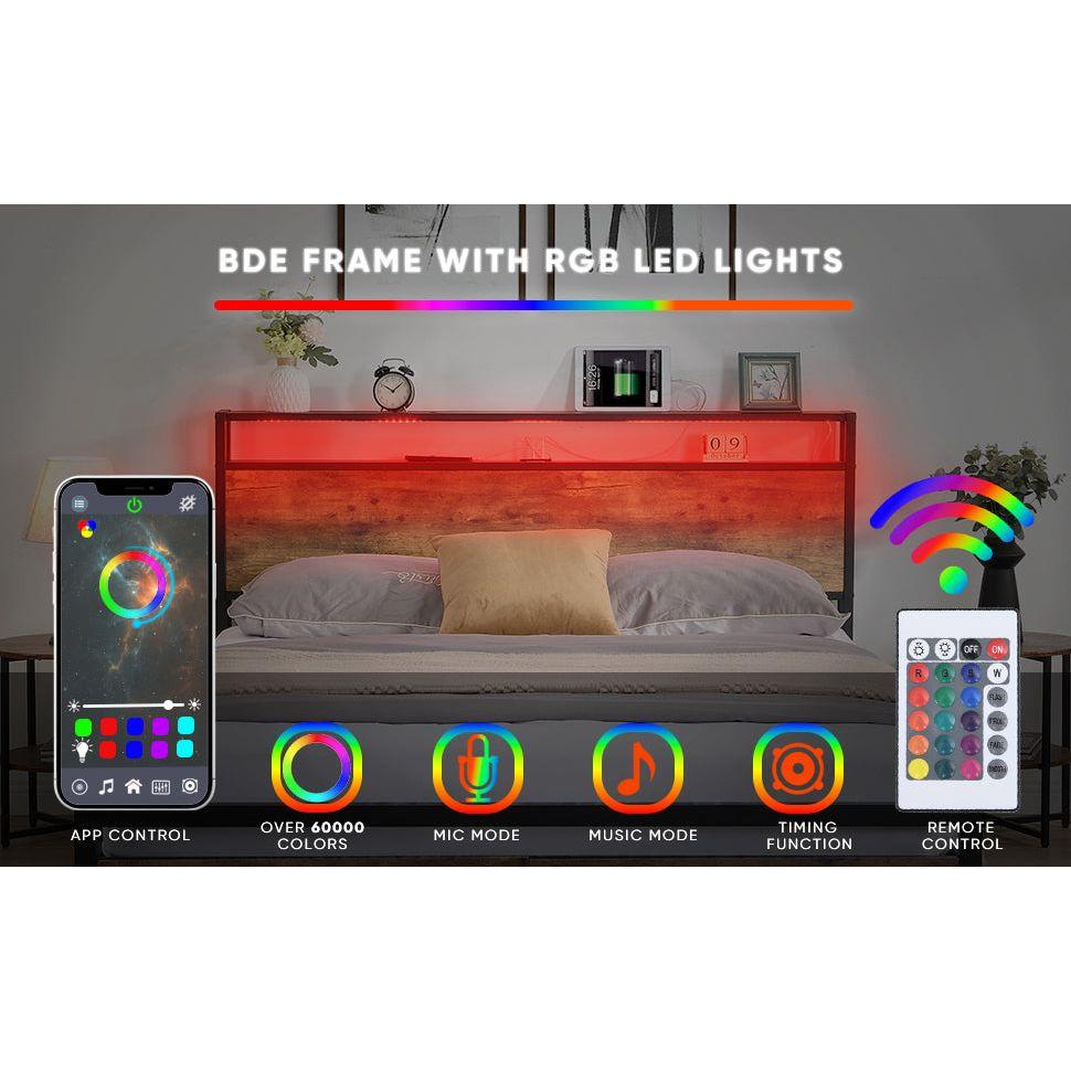 Queen Size Bed Frame with Storage Headboard and 2 Drawers, LED Lights Bed with Charging Station, Metal Platform Bed No Noise, Mattress Foundation Strong Metal Slats Support No Box Spring Needed