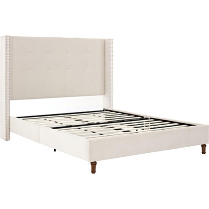 Upholstered Queen Bed / 54" High Headboard / Traditional Hand Buttoned Tufting / Nailhead Trim Wingback / No Box Spring Needed / Easy Assembly / Ivory Velvet