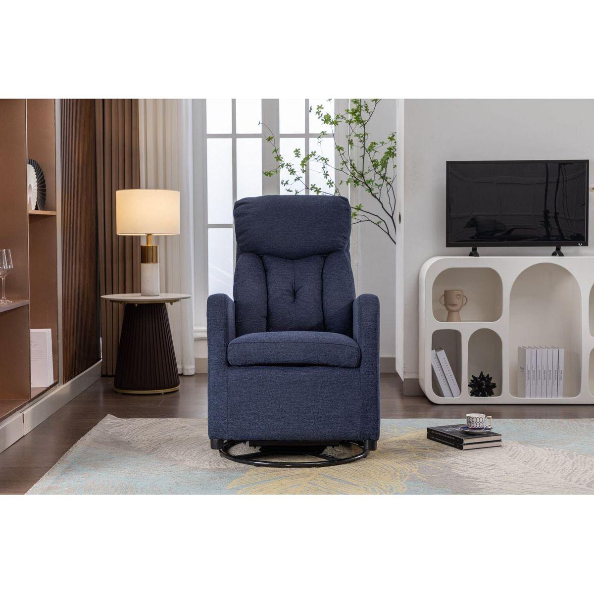 Linen Fabric Swivel Rocking Chair Gilder Chair With Pocket,Navy Blue