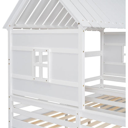 Twin Size House Platform Beds with Two Drawers for Boy and Girl Shared Beds, Combination of 2 Side by Side Twin Size Beds,White