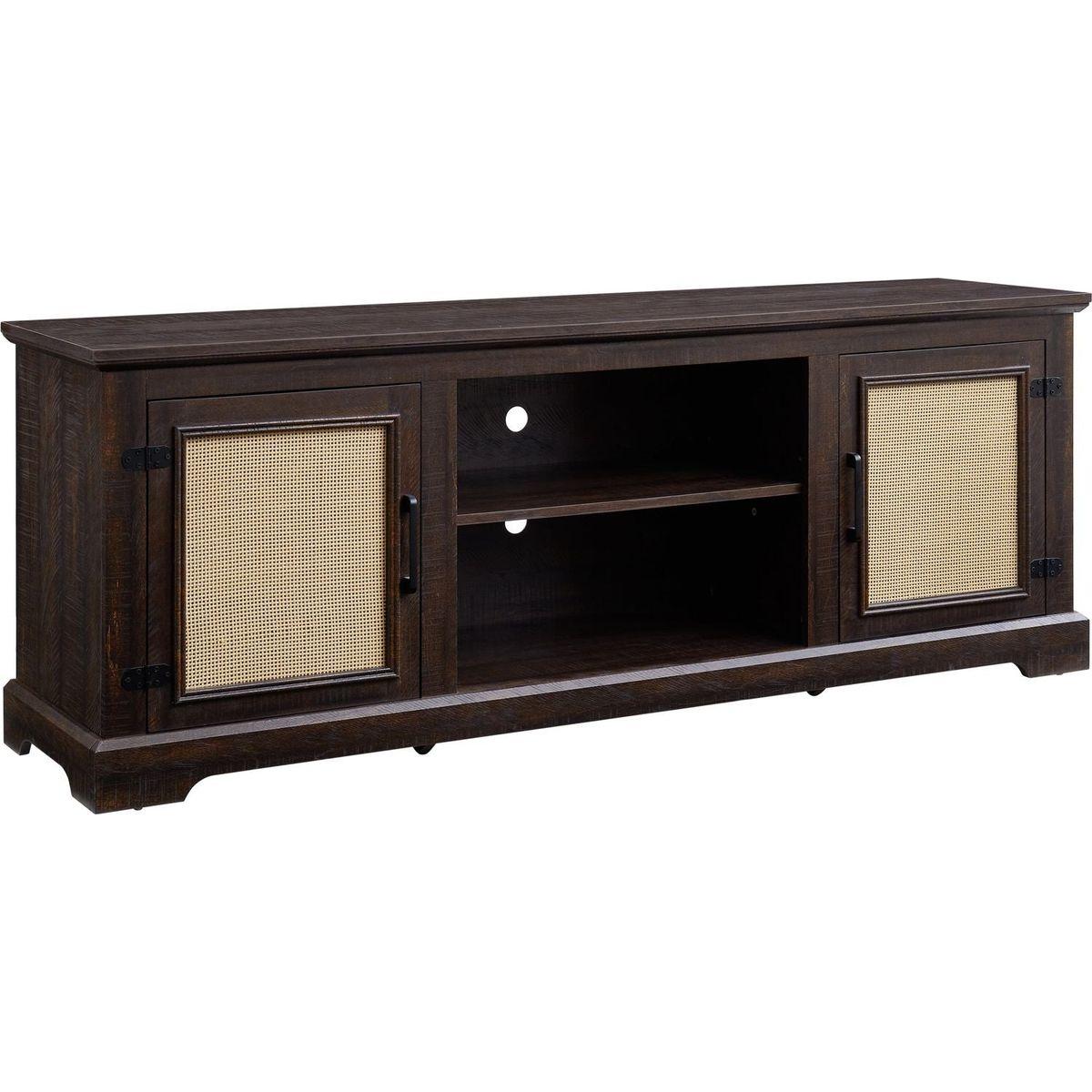 Farmhouse Rattan TV Stand Console Table for TVs up to 70 Inches, TV Console Table with 2 Storage Shelves, 2 Natural Rattan Door Cabinets, 65"Wx15.55"Dx23.86"H, Espresso