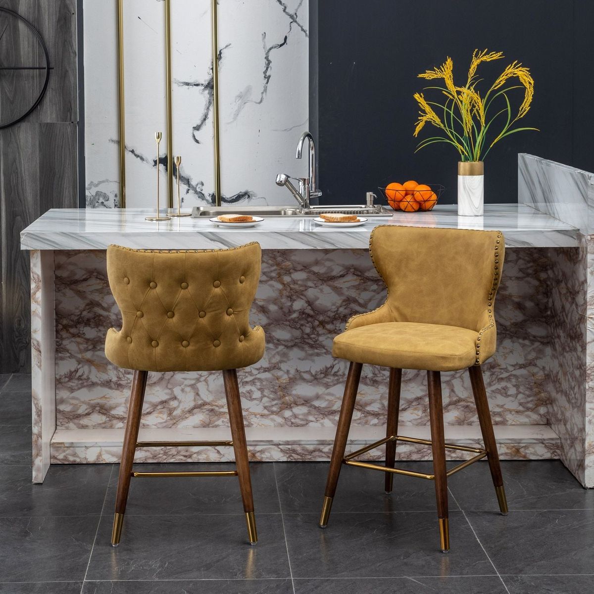 Nevis Mid-century Modern Faux Leather Tufted Nailhead Trim Counter Stool Set of 2, Yellow