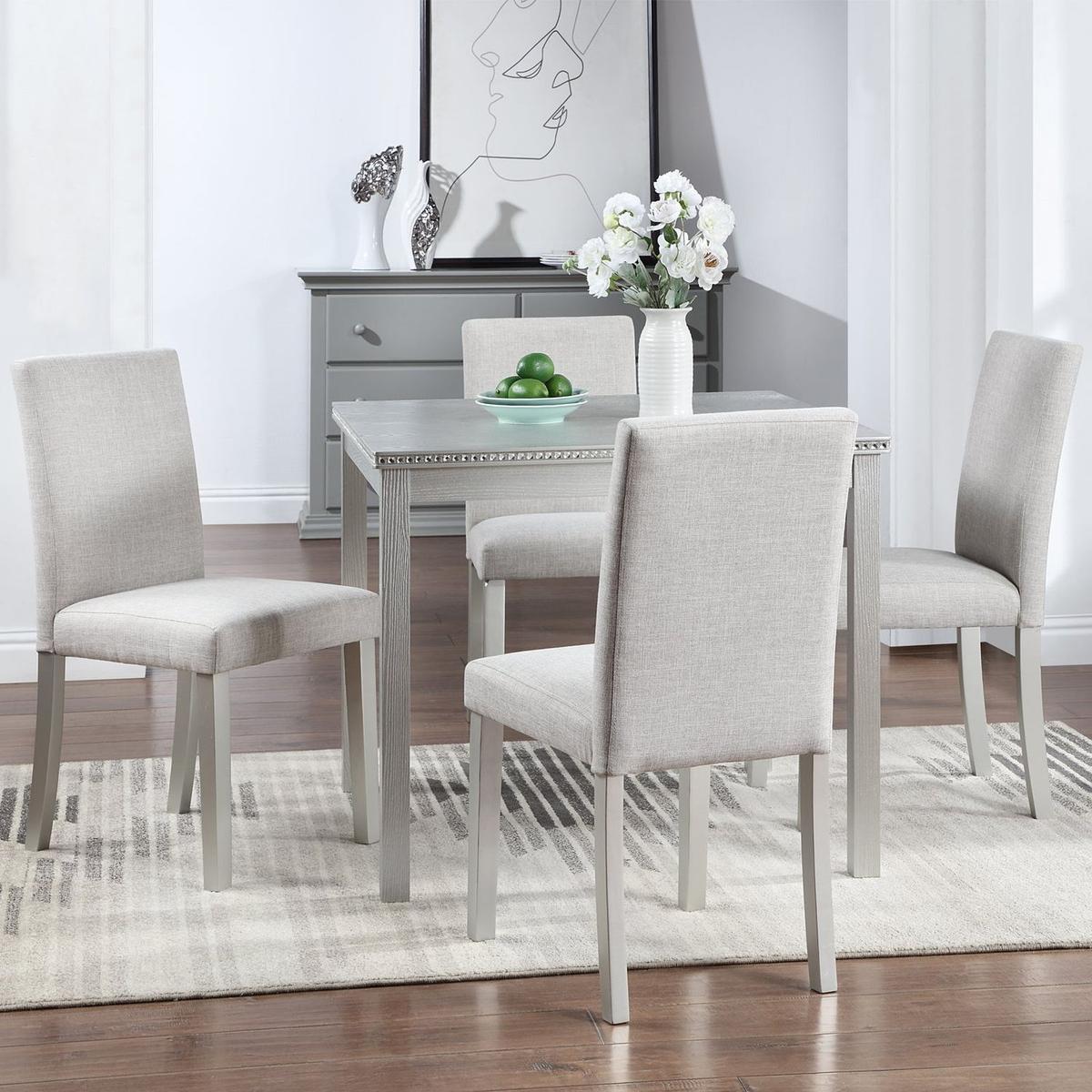 5 Piece Wooden Dining Table Set, Kitchen Table Set with a Square Table and 4 Upholstered Chairs, Wooden Dining Room Table with Crystal Decoration and Chairs Set for Kitchen, Dining Room, Gray