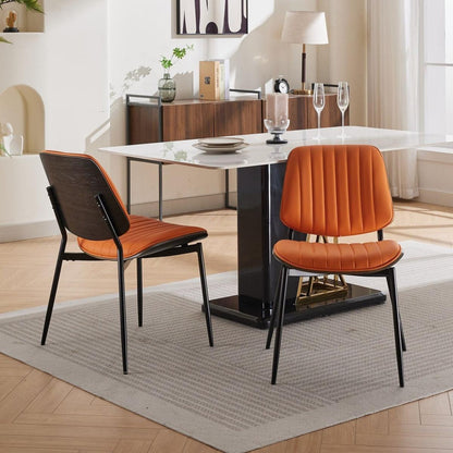 Dining Chairs Set of 2 Mid Century Modern Retro Faux Leather Chair with Walnut Bentwood Back Upholstered Seat Metal Legs Adjustable Foot for Kitchen Dining Room Chairs(Orange PU)