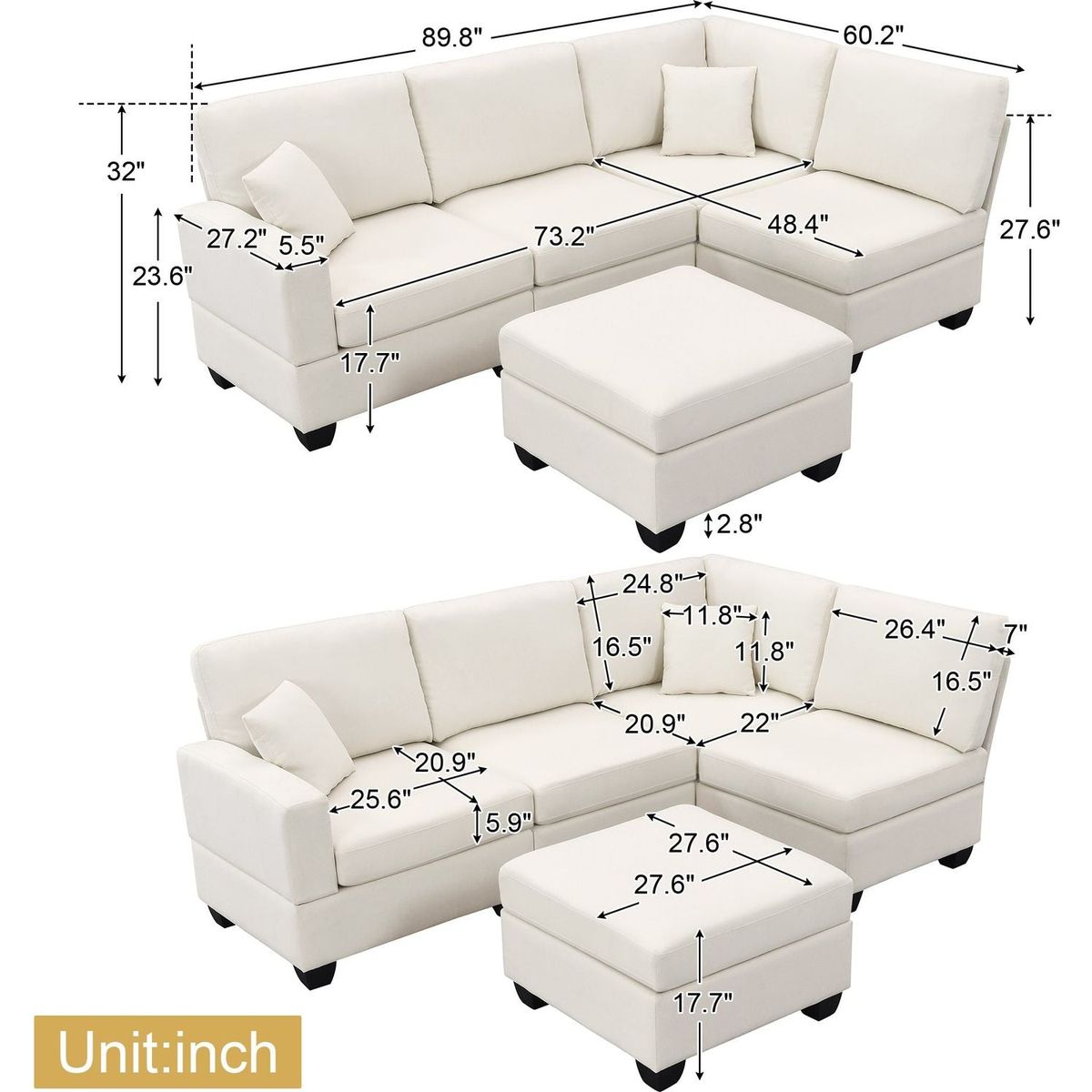 89.8x60.2" Modern Sectional Sofa,5-Seat Modular Couch Set with Convertible Ottoman,L-Shape Linen Fabric Corner Couch Set with 2 Pillows for Living Room,Apartment,Office, 3 Colors