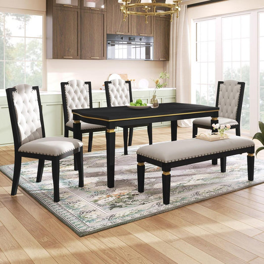 6-Piece Kitchen Dining Table Set, 60" Rectangular Table and 4 High-Back Tufted Chairs & 1 Bench for Dining Room and Kitchen (Black)