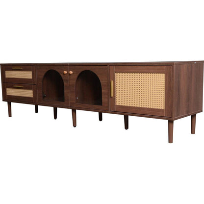 Rattan TV Stand with 3 Cabinets & 2 Drawers, Rattan-inspired Media Console Table for TVs up to 80", LED Light Entertainment Center, TV cabinet for Living room, Bedroom, Home Theatre - Streamdale Furniture