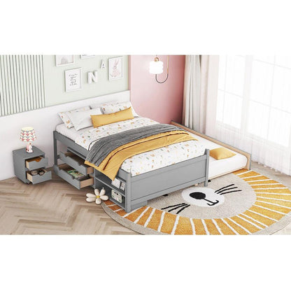 Versatile Full Bed with Trundle,Under bed Storage Box and Nightstand .Grey