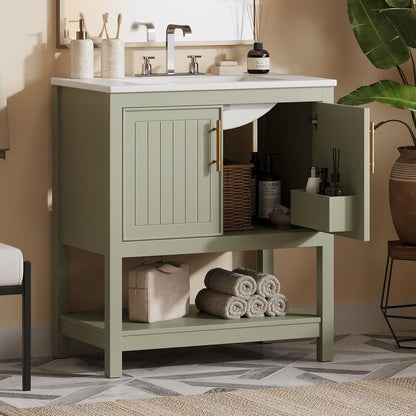 30-Inch Green Bathroom Vanity with Ceramic Sink and Versatile Storage - Ideal for Small Bathrooms