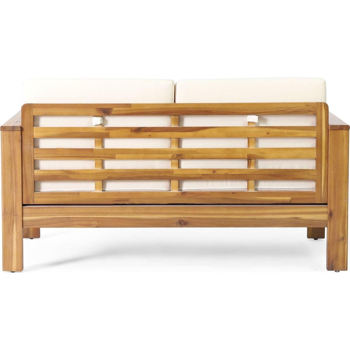 Teak Acacia Wood Loveseat and Coffee Table Set with Cream Cushions
