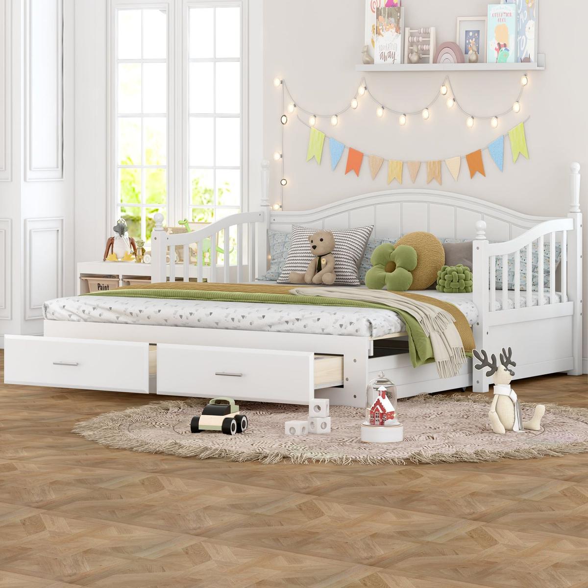 Wooden Twin Size Daybed with Twin Size Trundle, Extendable Daybed with Two Storage Drawers,White