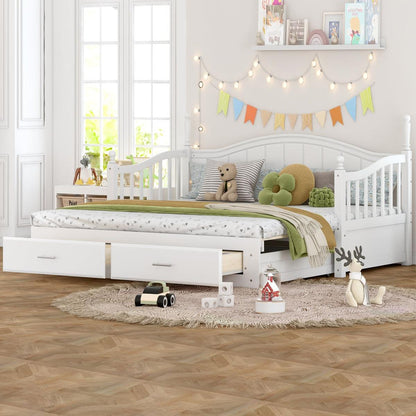 Wooden Twin Size Daybed with Twin Size Trundle, Extendable Daybed with Two Storage Drawers,White
