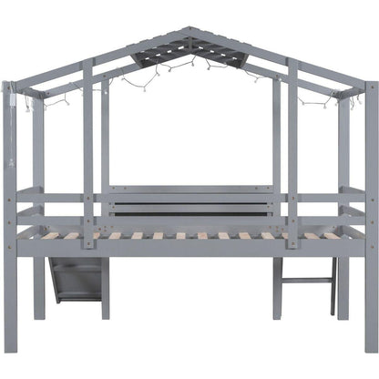 Twin Size Loft Bed with Ladder and Slide, House Bed with Blackboard and Light Strip on the Roof, Gray