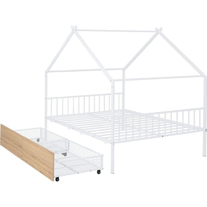 Full Size Metal House Bed with Two Drawers, White