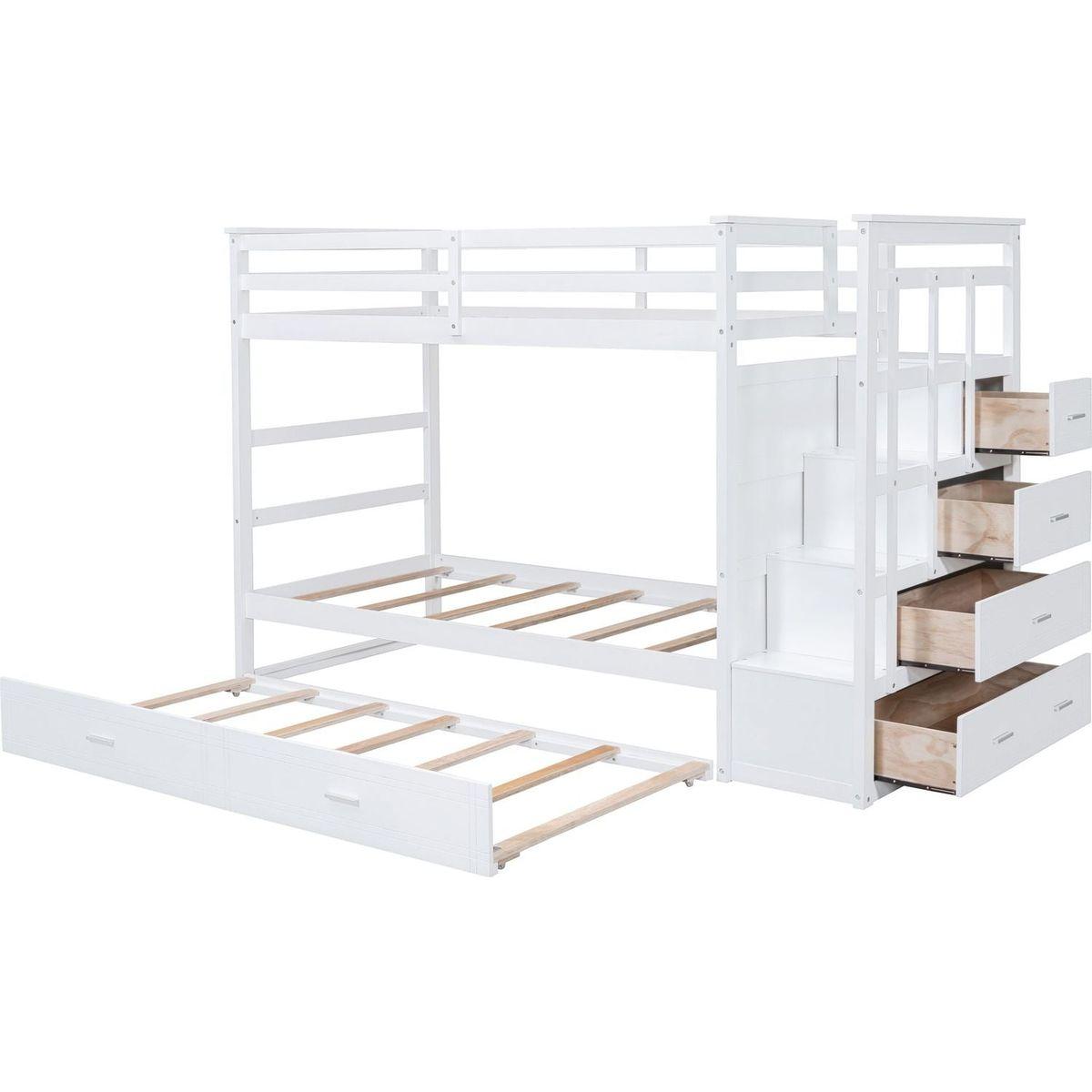 Twin Over Twin Bunk Bed with Trundle and Staircase,White