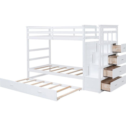 Twin Over Twin Bunk Bed with Trundle and Staircase,White