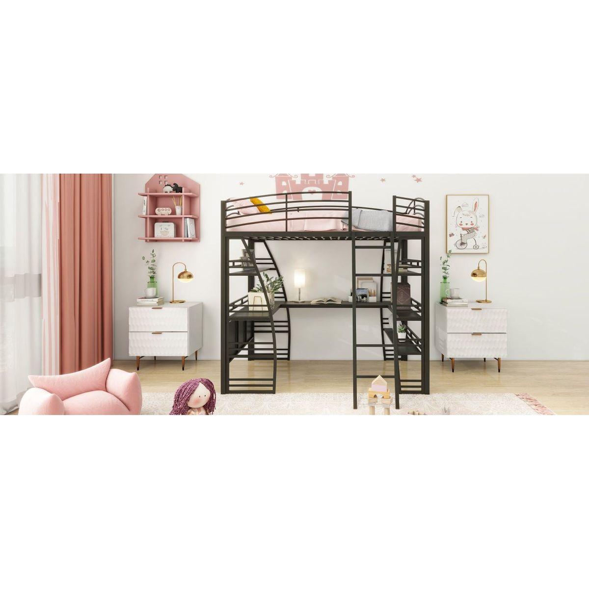 Full Size Loft Bed with 4 Layers of Shelves and L-shaped Desk, Stylish Metal Frame Bed with a set of Sockets, USB Ports and Wireless Charging, Black