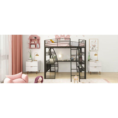 Full Size Loft Bed with 4 Layers of Shelves and L-shaped Desk, Stylish Metal Frame Bed with a set of Sockets, USB Ports and Wireless Charging, Black