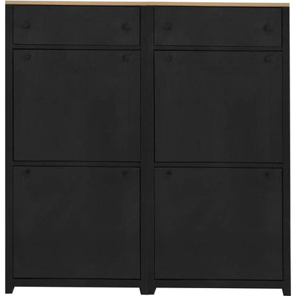 Slim Shoe Cabinet Set with 4 Flip Drawers, Wood Grain Pattern Top Shoe Storage Solution with Adjustable Panel, Modern Style Shoe Rack with Drawers for Hallway, Black