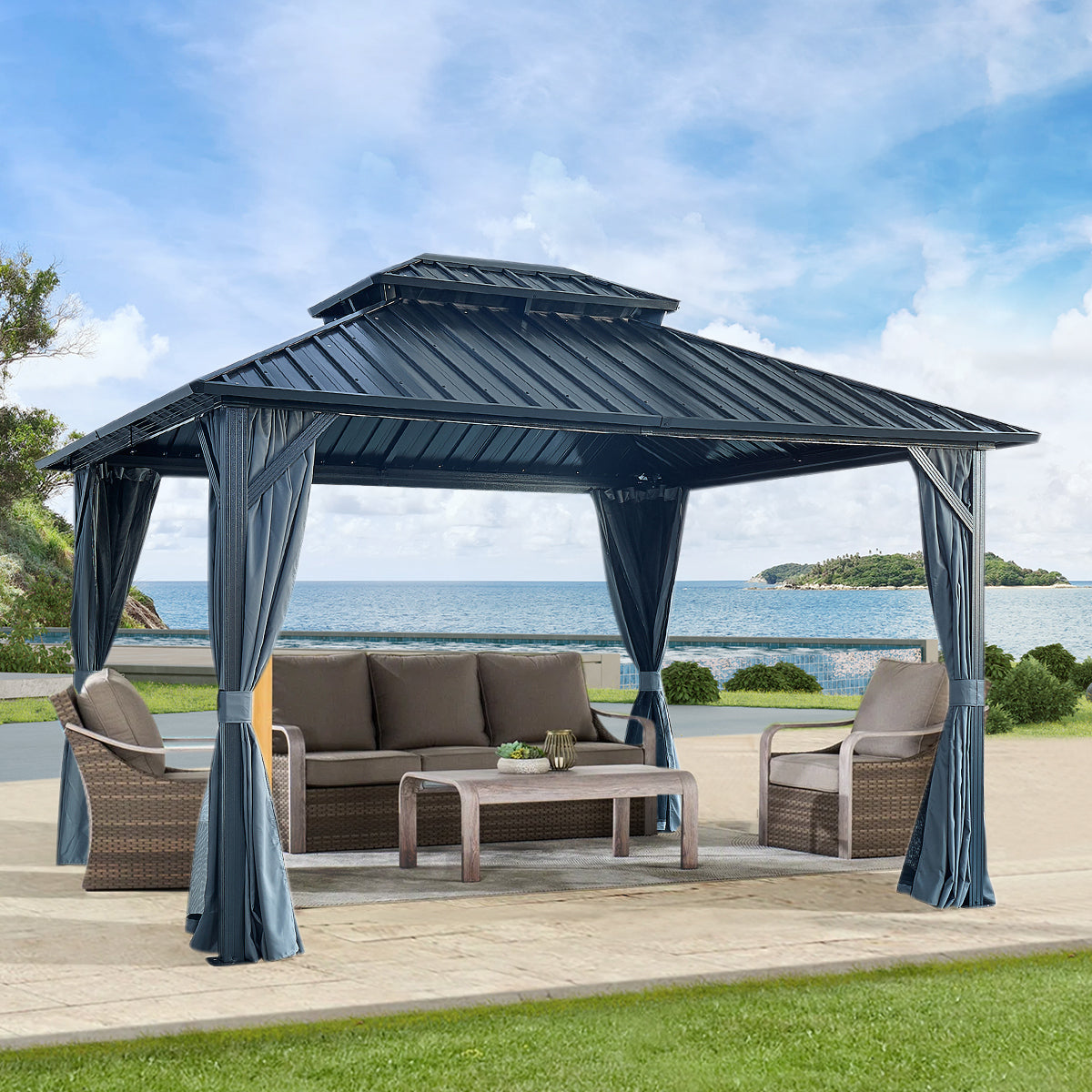12' X 12' Hardtop Gazebo with Galvanized Steel Double Roof, Sturdy Aluminum Frame, Curtains, and Netting for Patio, Lawn, and Garden