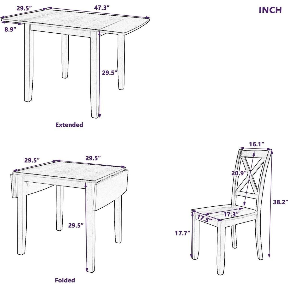 3-Piece Wood Drop Leaf Breakfast Nook Dining Table Set with 2 X-back Chairs for Small Places, Brown