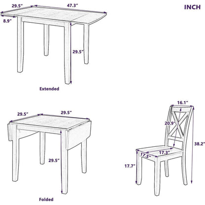 3-Piece Wood Drop Leaf Breakfast Nook Dining Table Set with 2 X-back Chairs for Small Places, Brown