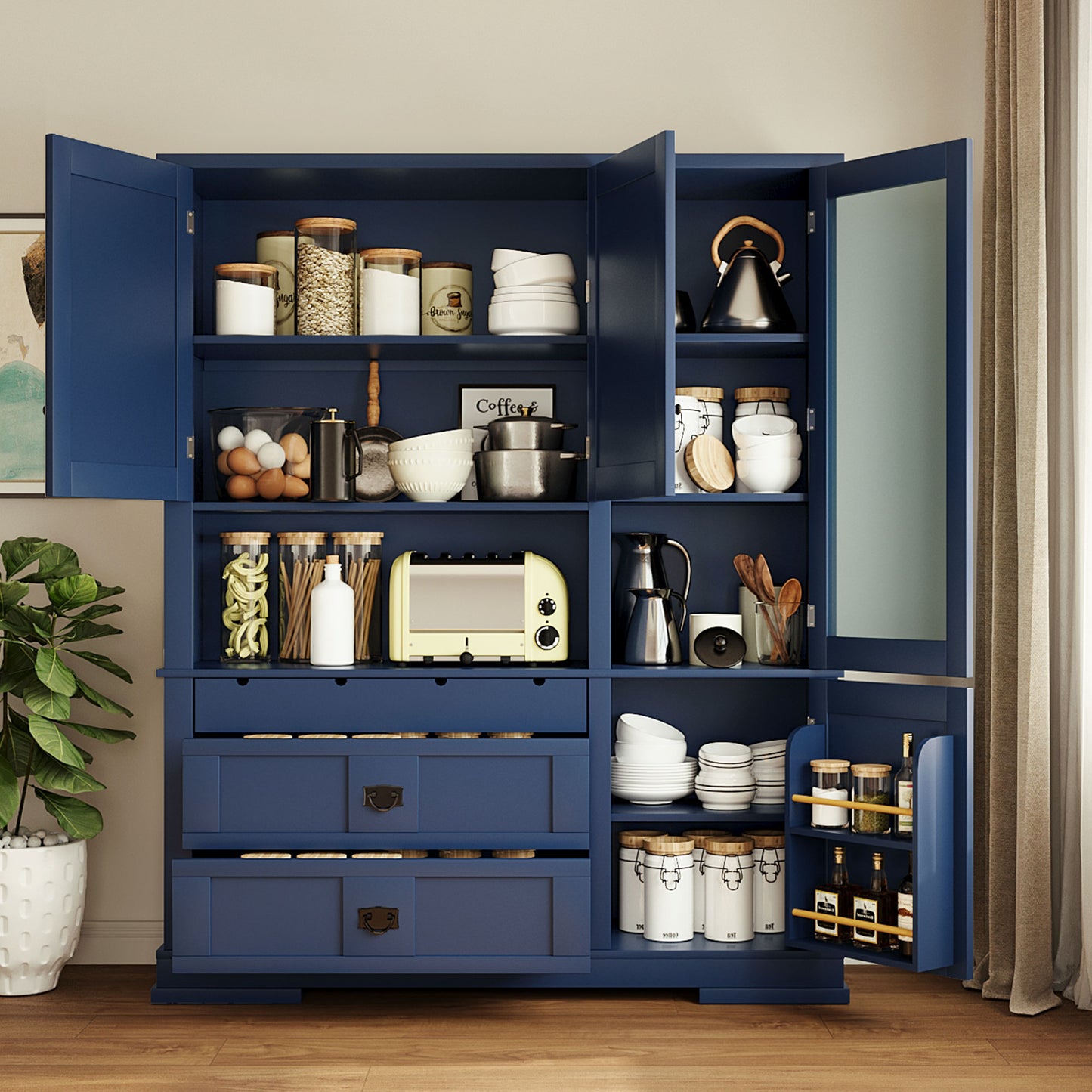 [Assembly Video Available] TOPMAX Traditional 63.3x17.8.x78.3inch Freestanding Buffet with Hutch, Large Kitchen Pantry Storage Cabinet Cupboard with Drawers,Door Shelf and Adjustable Shelves, Blue