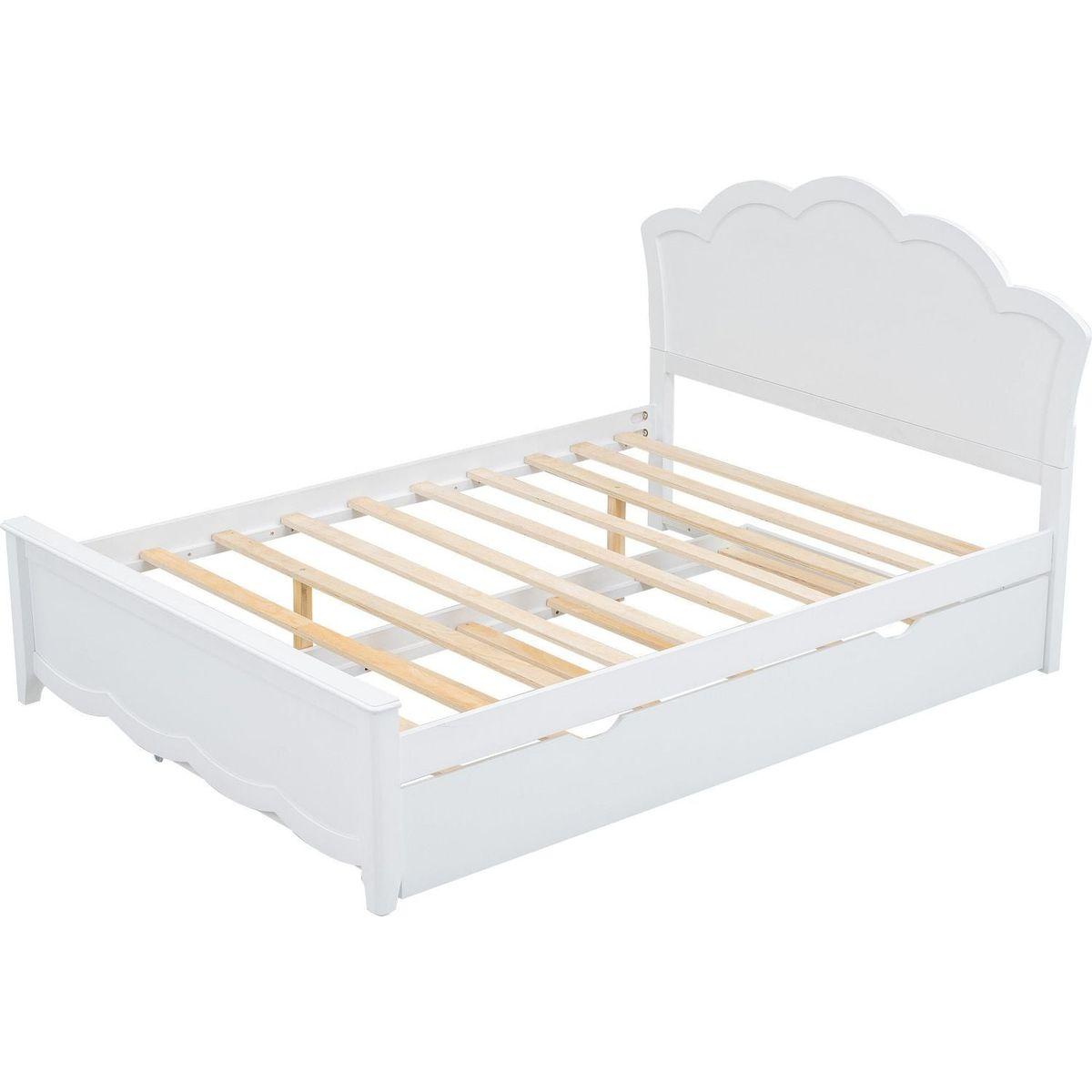 Full Size Wood Platform Bed with Headboard and Twin Size Trundle, White - Streamdale Furniture