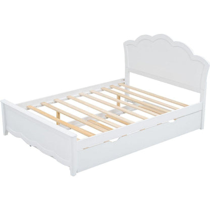 Full Size Wood Platform Bed with Headboard and Twin Size Trundle, White - Streamdale Furniture