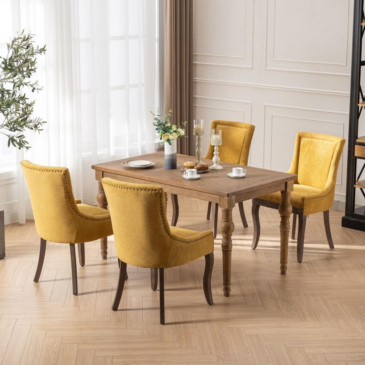 Ultra Side Dining Chair,Thickened fabric chairs with neutrally toned solid wood legs,Bronze nail head,Set of 2,Golden Yellow