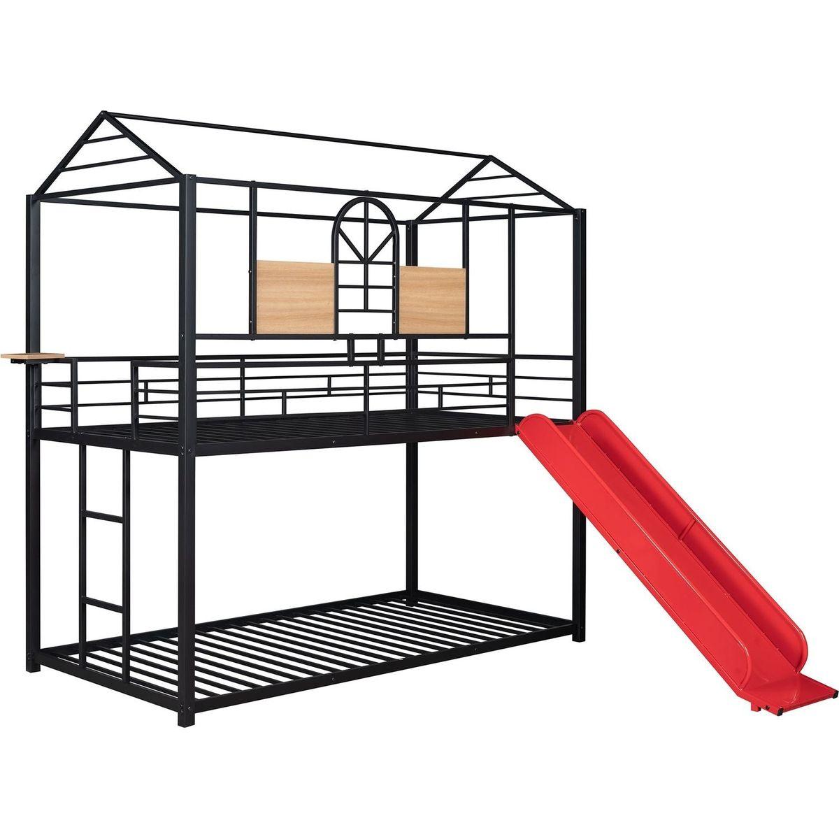 Twin Over Twin Metal Bunk Bed, Metal Housebed With Slide,Three Colors Available.(Black with Red Slide)