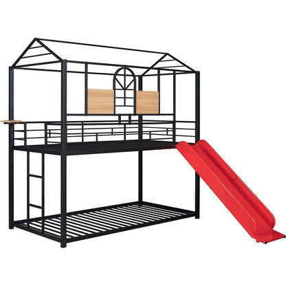 Twin Over Twin Metal Bunk Bed, Metal Housebed With Slide,Three Colors Available.(Black with Red Slide)