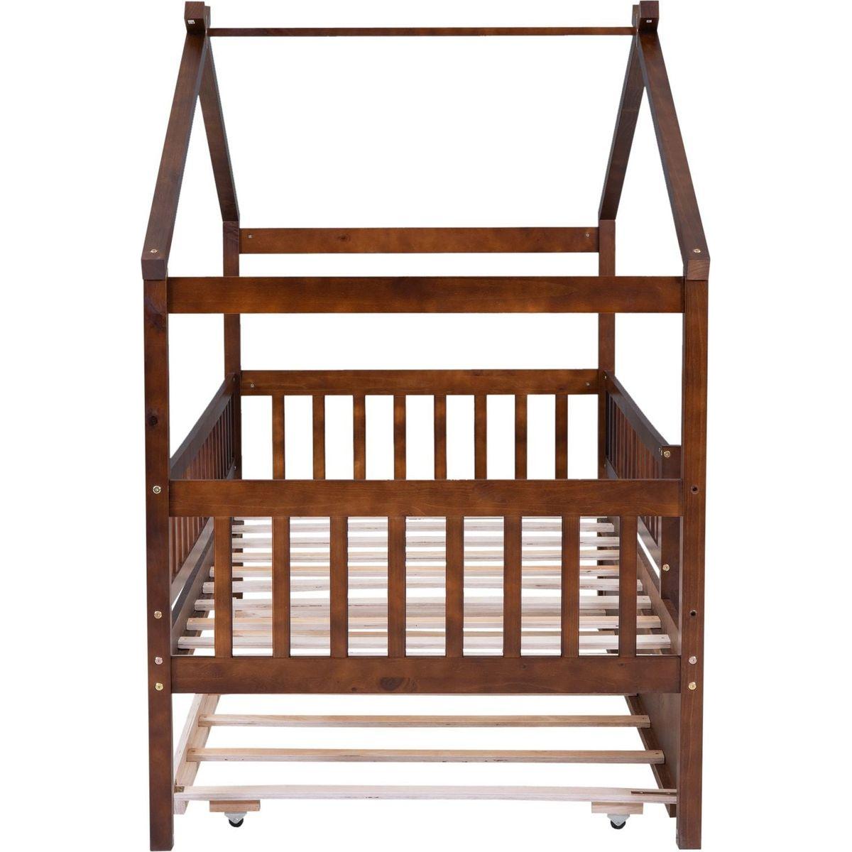 Twin Size Wooden House Bed with Twin Size Trundle, Walnut