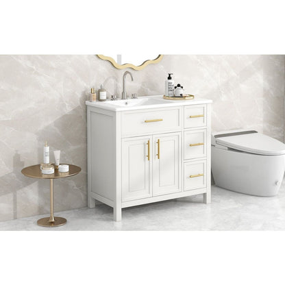 36" Bathroom Vanity with Sink Top, Bathroom Vanity Cabinet with Two Doors and Three Drawers, Solid Wood, MDF Boards, One Package, Off White