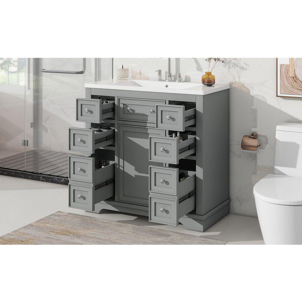 36" Bathroom Vanity with Sink Combo, One Cabinet and Six Drawers, Solid Wood and MDF Board, Grey