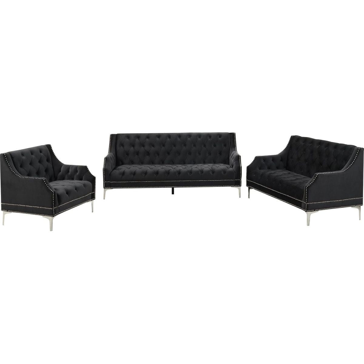 Modern three-piece sofa set with metal legs, buttoned tufted backrest, frosted velvet upholstered sofa set including three-seater sofa, double seater and living room furniture set Single chair