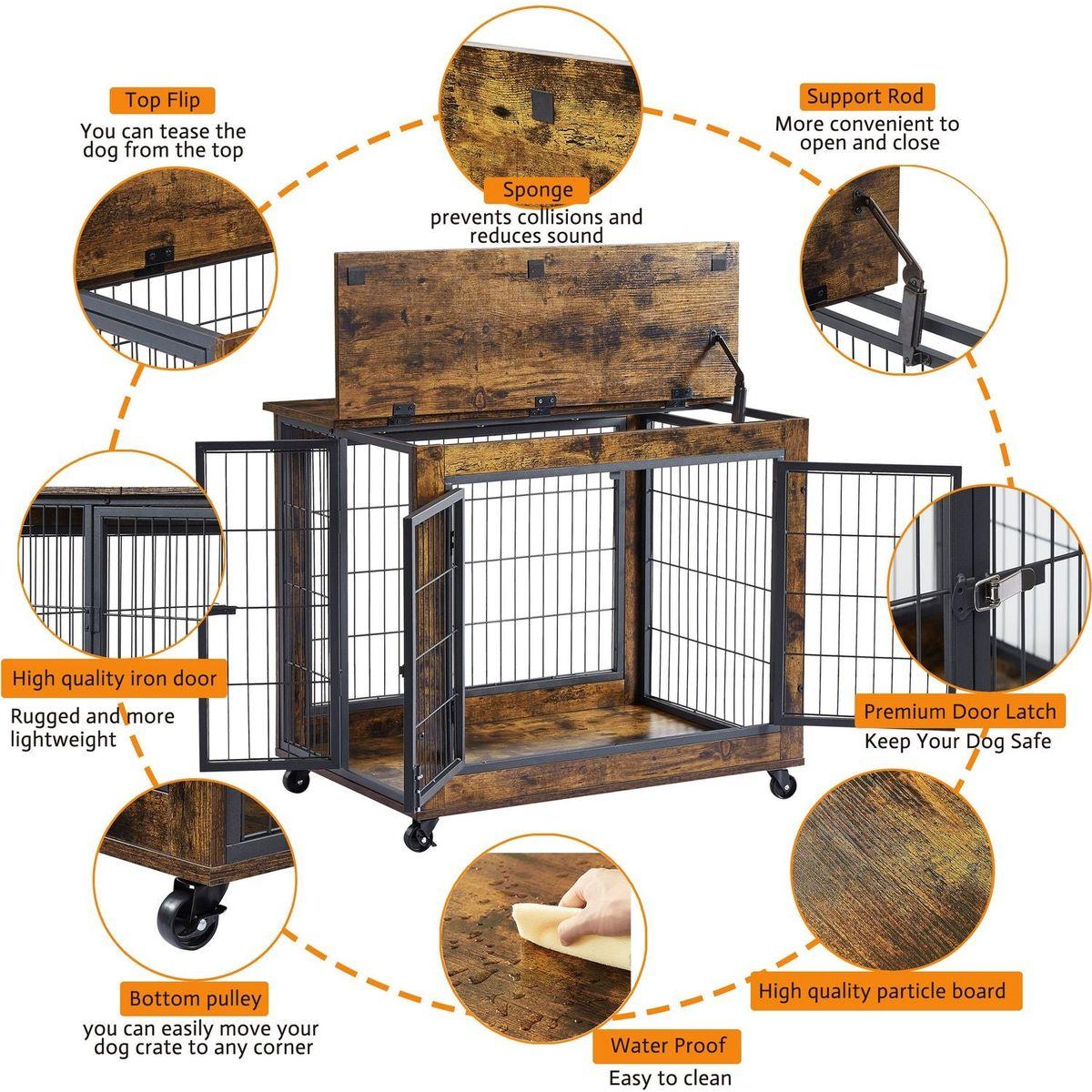 Furniture Style Dog Crate Side Table on Wheels with Double Doors and Lift Top. Grey, 31.50" W x 22.05" D x 25" H.