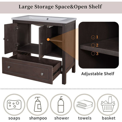 30" Bathroom Vanity with Sink, Bathroom Storage Cabinet with Doors and Drawers, Solid Wood Frame, Ceramic Sink, Brown