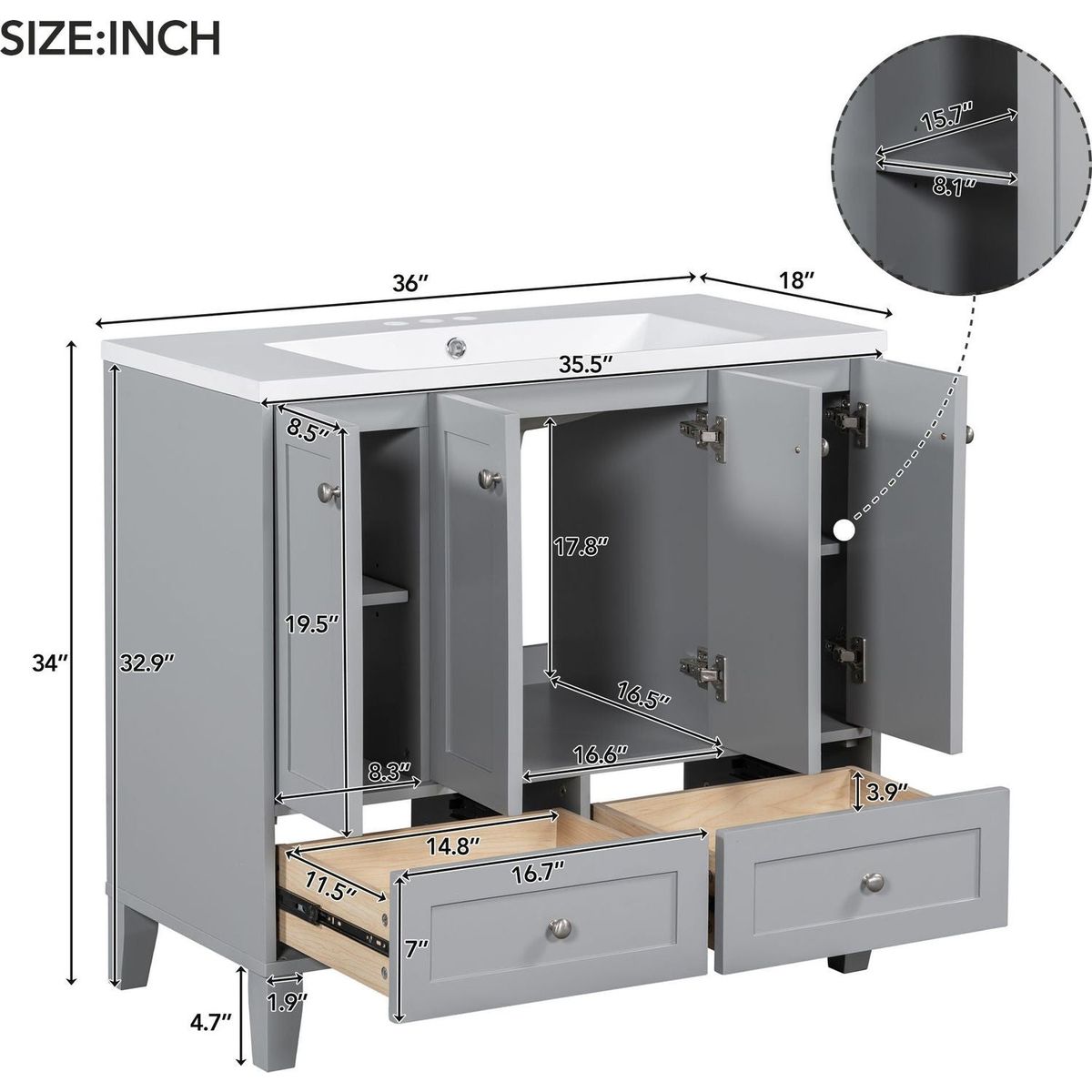 36" Bathroom Vanity with Resin Sink Combo,Solid Wood Frame Bathroom Storage Cabinet, Freestanding Vanity Set with 4 Soft Closing Doors& 2 Drawers