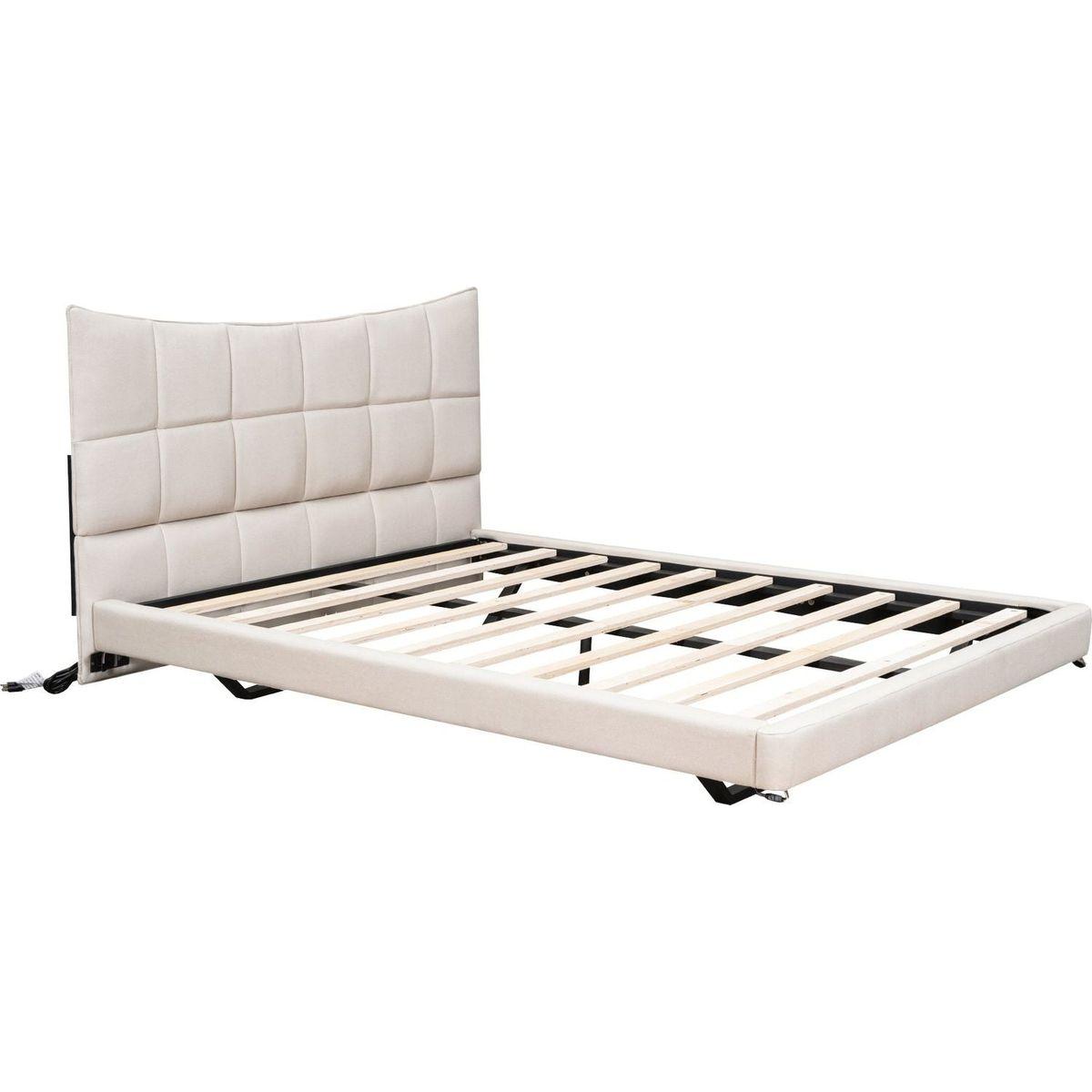 Full Size Upholstered Platform Bed with LED Lights,USB Ports and Outlets,Linen Fabric,Beige