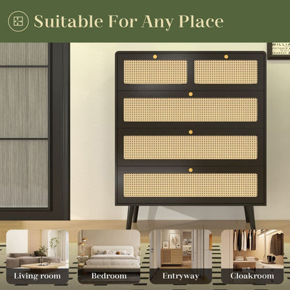 4 Drawer Dresser, Modern Rattan Dresser Chest with Wide Drawers and Metal Handles, Farmhouse Wood Storage Chest of Drawers for Bedroom, Living Room, Hallway, Entryway