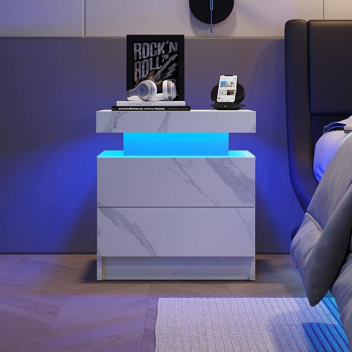 Nightstand LED Bedside Table Cabinet Lights Modern End Side with 2 Drawers for Bedroom (White Stone)