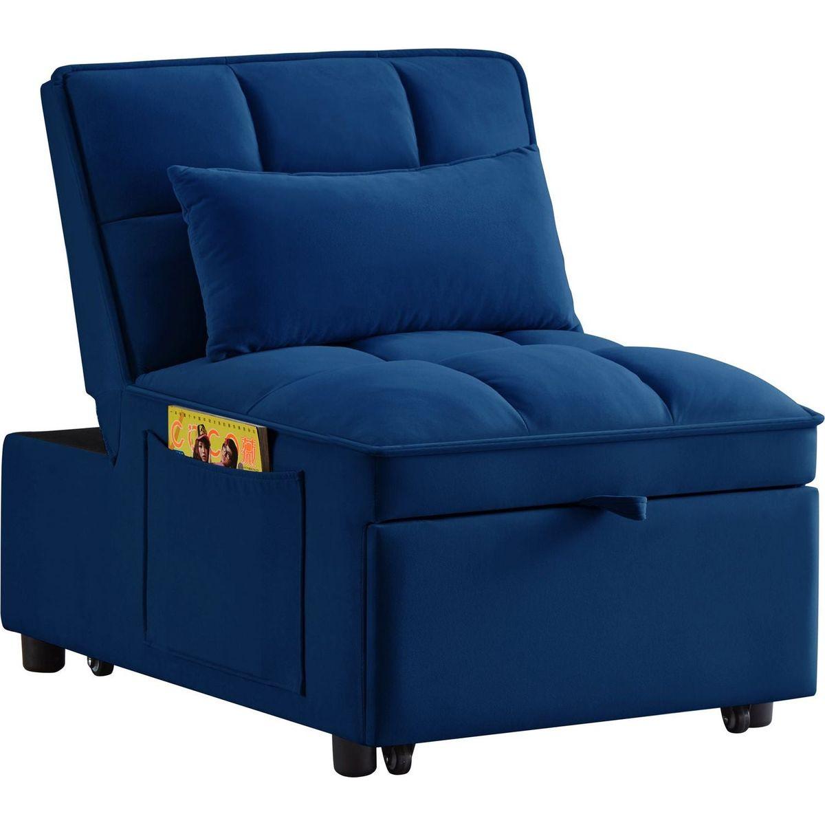 4 in1 Multi-Function Single Sofa Bed with Storage Pockets,Tufted Single Pull-out Sofa Bed with Adjustable Backrest and Pillows, Convertible Chaise Lounge, Navy